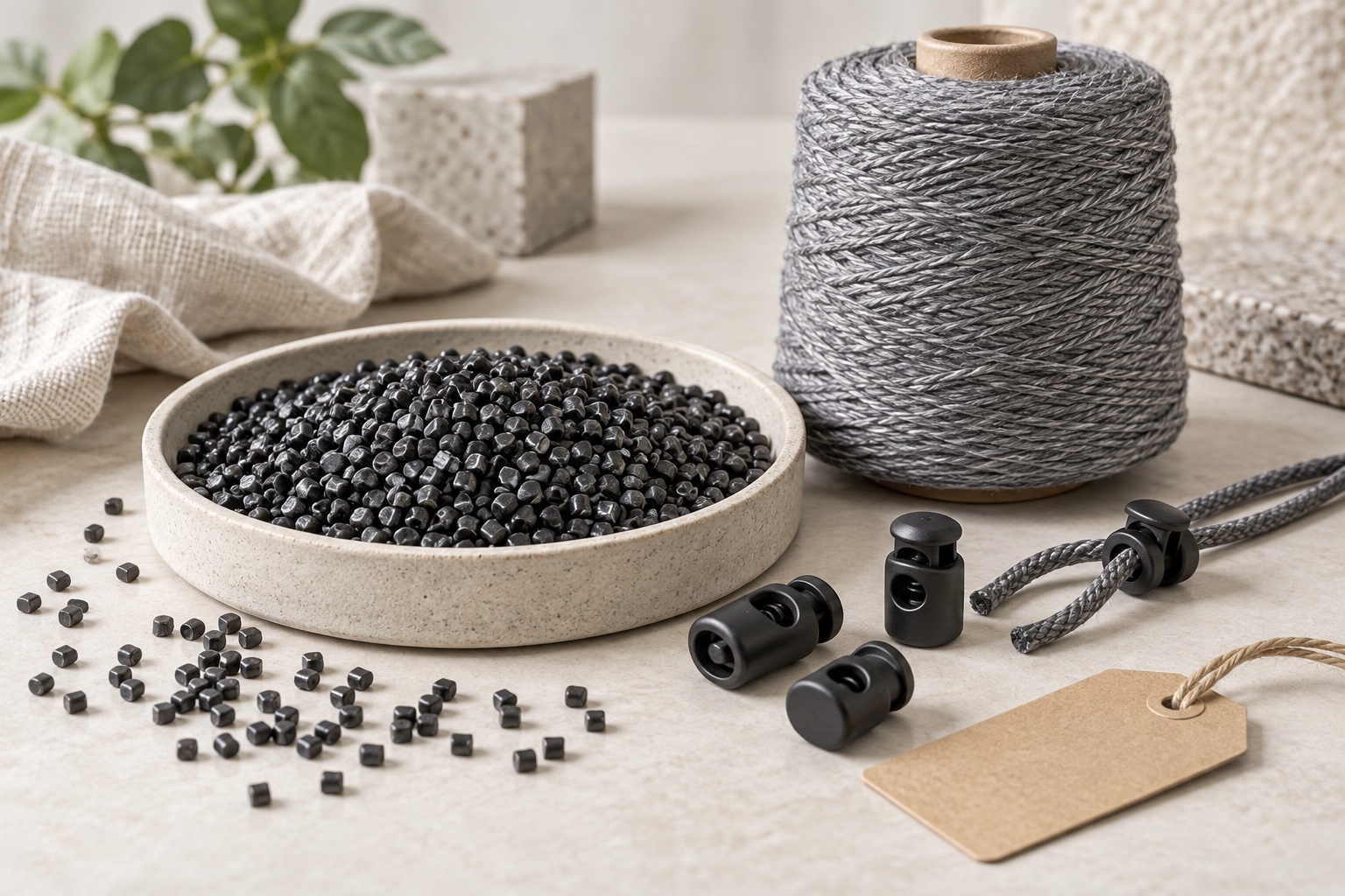Recycled material granules, yarn and stopper samples