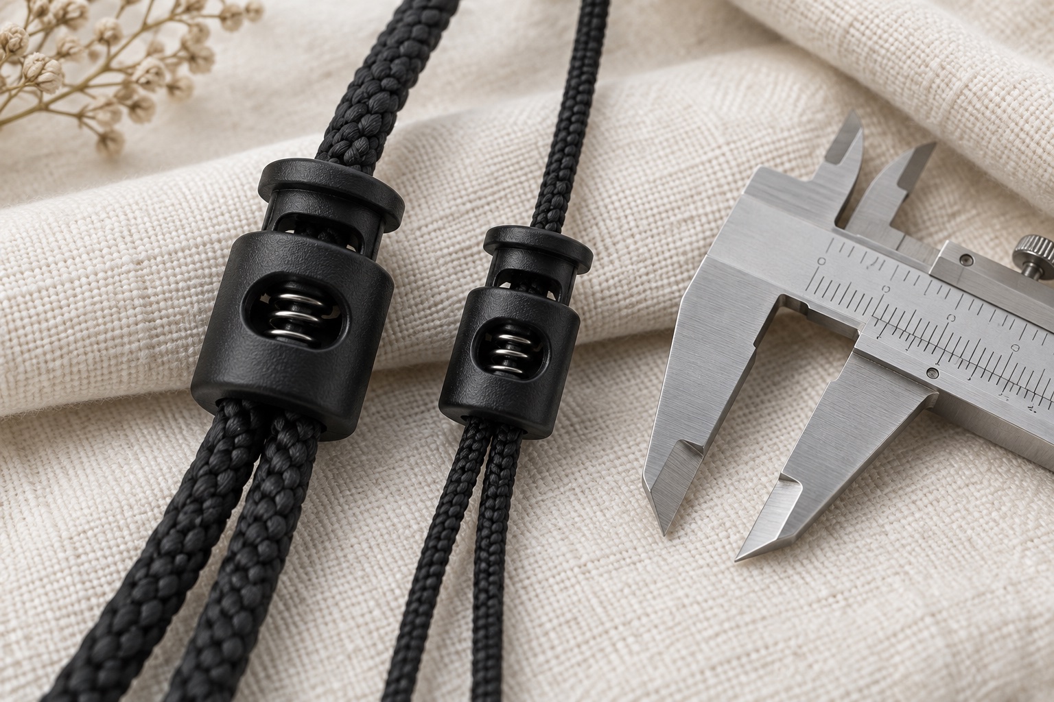 Cords of different thicknesses, black stoppers and a measuring caliper